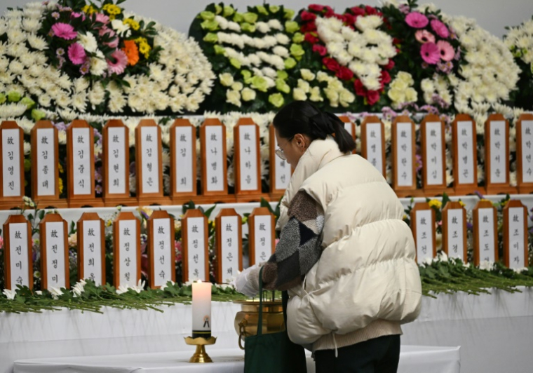 Une personne se recueille devant un autel commémoratif pour les victimes de l'accident d'avion de Jeju Air, au parc sportif de Muan en Corée du Sud, le 30 décembre 2024 ( AFP / JUNG YEON-JE )