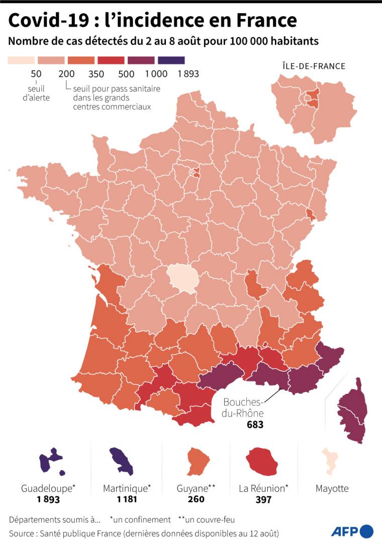 Nombre de cas détectés du 2 au 8 août par département, pour 100.000 habitants, selon Santé publique France ( AFP /  )