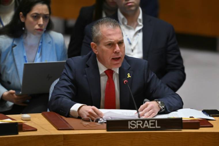 L'ambassadeur israélien à l'ONU Gilad Erdan lors d'une réunion du Conseil de sécurité de l'ONU, le 18 avril 2024 à New York ( AFP / ANGELA WEISS )