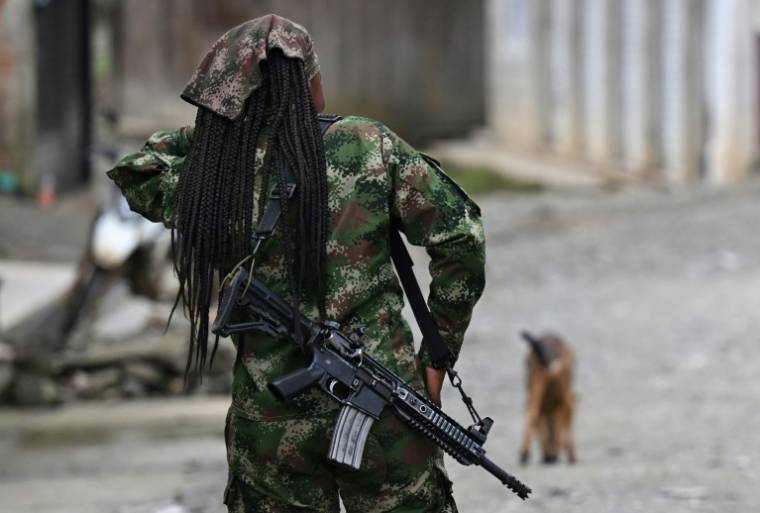 Un combattant du front Carlos Patino de la guérilla dissidente des Farc en patrouille dans le canyon de Micay, dans le sud-ouest de la Colombie, le 25 mars 2024 ( AFP / Raul ARBOLEDA )
