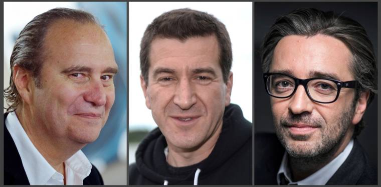 Xavier Niel et Matthieu Pigasse avec Pierre-Antoine Capton ont levé 250 millions d'euros en 2016 pour créer Mediawan. (© AFP)