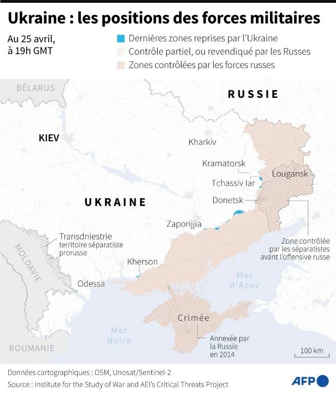 Carte des zones contrôlées par les forces ukrainiennes et russes en Ukraine au 25 avril 2024 à 19h GMT ( AFP / Valentin RAKOVSKY )