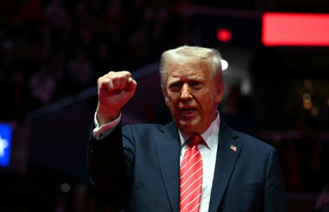 US President-elect Donald Trump reacts during a MAGA victory rally at Capital One Arena in Washington, DC, on January 19, 2025, one day ahead of his inauguration ceremony. ( AFP / Jim WATSON )