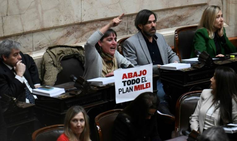 Une députée argentine avec une affichette "A bas tout le plan Milei", le 29 avril 2024 au Congrès, à Buenos Aires ( AFP / LUIS ROBAYO )