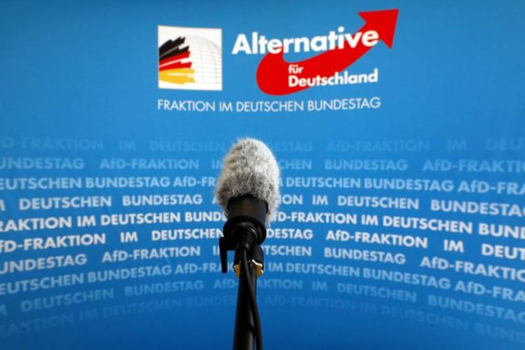 Photo d'archives: Un microphone devant le logo de l'AfD (Alternative fuer Deutschland)