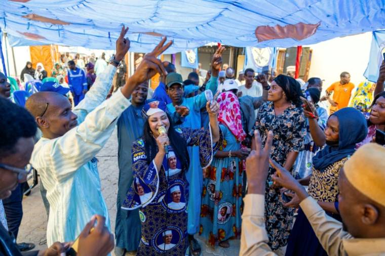 Des partisans de Mahamat Idriss Déby Itno, ex-chef de la junte élu président, célèbrent sa victoire, le 16 mai 2024 à N'Djamena ( AFP / Joris Bolomey )
