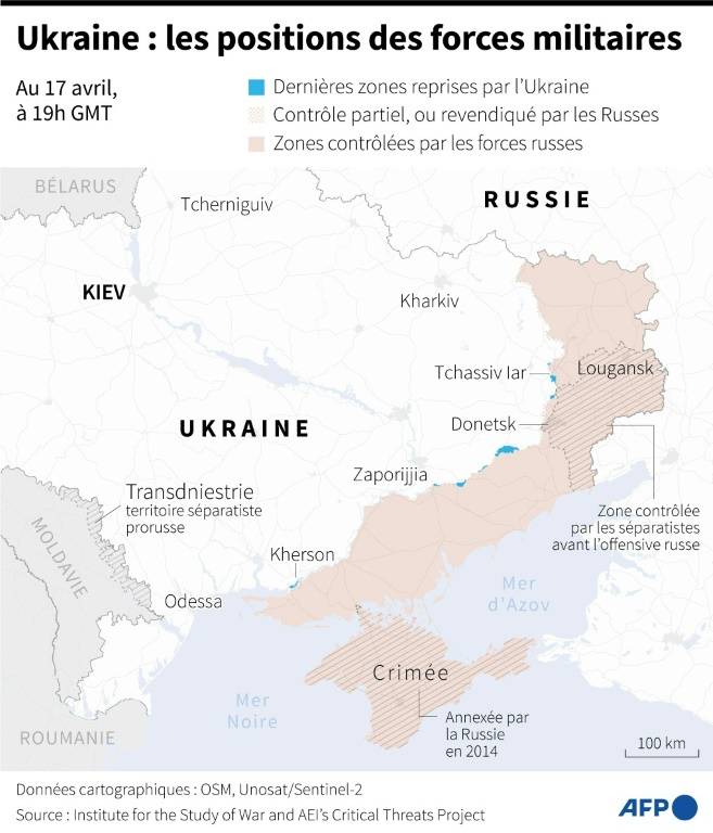 Carte des zones contrôlées par les forces ukrainiennes et russes en Ukraine au 17 avril 2024 à 19h GMT ( AFP / Valentin RAKOVSKY )