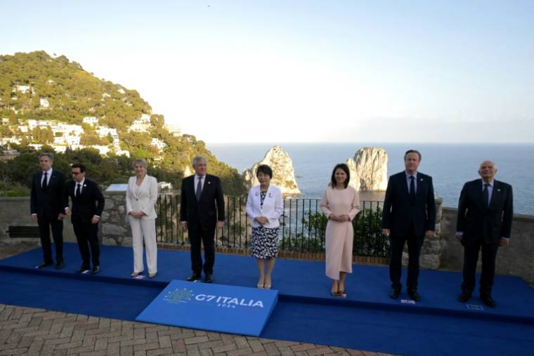 Les ministres des Affaires étrangères du G7 lors du sommet de Capri, en Italie, le 18 avril 2024 ( AFP / Tiziana FABI )
