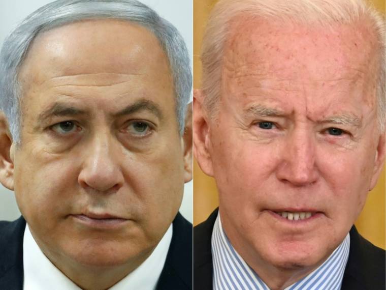 Les dirigeants américain Joe Biden et israélien Benjamin Netanyahu doivent se parler au téléphone jeudi, après que Washington a fait part de son "indignation" à la mort de sept humanitaires tués dans une frappe israélienne dans la bande de Gaza. ( AFP / JACK GUEZ )