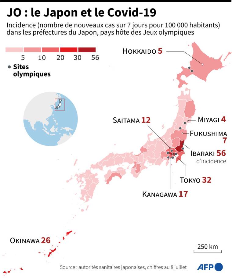 Carte présentant l'incidence (nombre de nouveaux cas sur 7 jours pour 100.000 habitants) dans les préfectures du Japon, pays hôte des Jeux olympiques ( AFP /  )