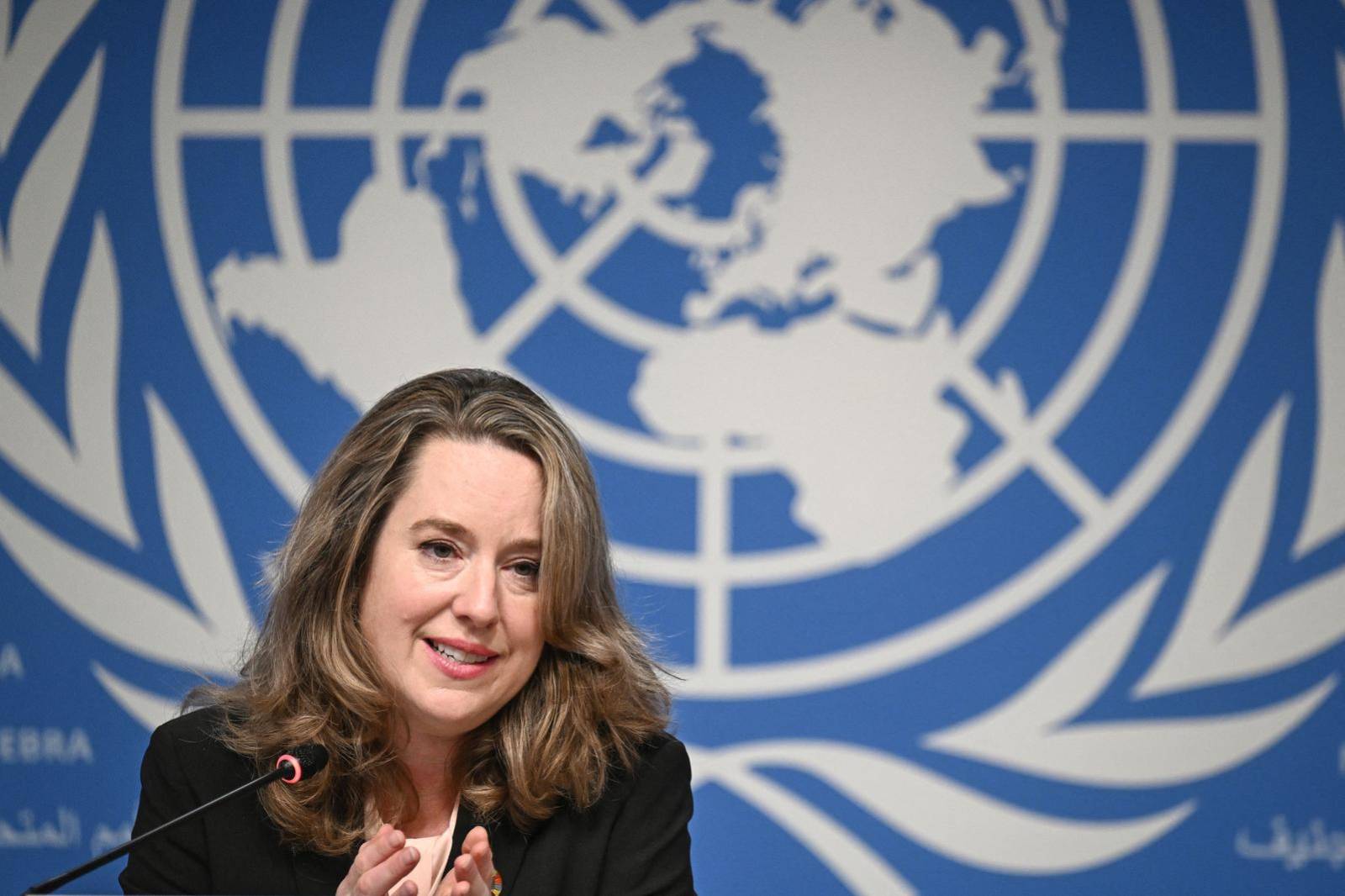 Amy Pope, cheffe de l'Organisation internationale pour les migrations (OIM), à Genève le 2 octobre 2023. ( AFP / FABRICE COFFRINI )