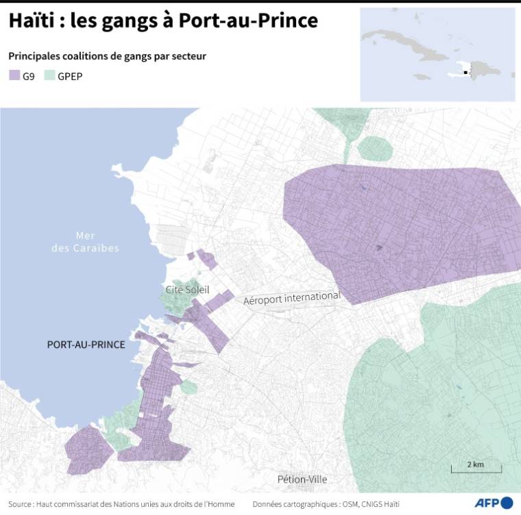 Carte des territoires des coalitions de gangs contrôlant Port-au-Prince ( AFP / Guillermo RIVAS PACHECO )