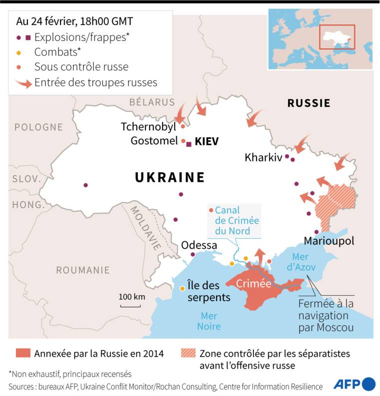 Carte de l'Ukraine localisant les principales villes où des explosions et frappes ont été recensées, et les régions où les forces russes sont entrées, selon les gardes-frontières ukrainiens et l'institut Rochan Consulting, au 24 février à 18h GMT ( AFP /  )