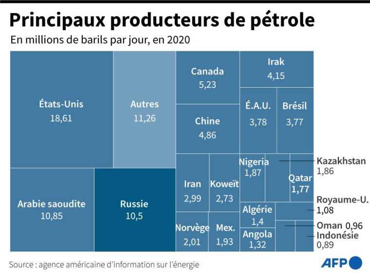 Principaux producteurs de pétrole, en millions de barils par jour, en 2020 ( AFP /  )