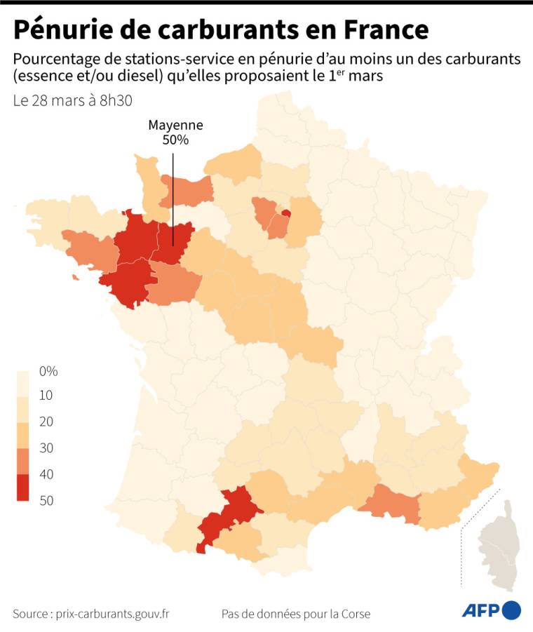 Carte de France métropolitaine montrant le pourcentage de stations-service manquant d'au moins un carburant (essence et/ou diesel) le 28 mars 2023 à 8h30 ( AFP /  )
