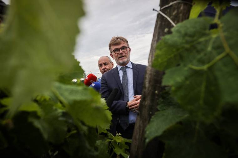 Le ministre de l'Agriculture Marc Fesneau au domaine viticole du château Lalande-Labatut à Salleboeuf, en Gironde, le 5 juin 2023. ( AFP / THIBAUD MORITZ )