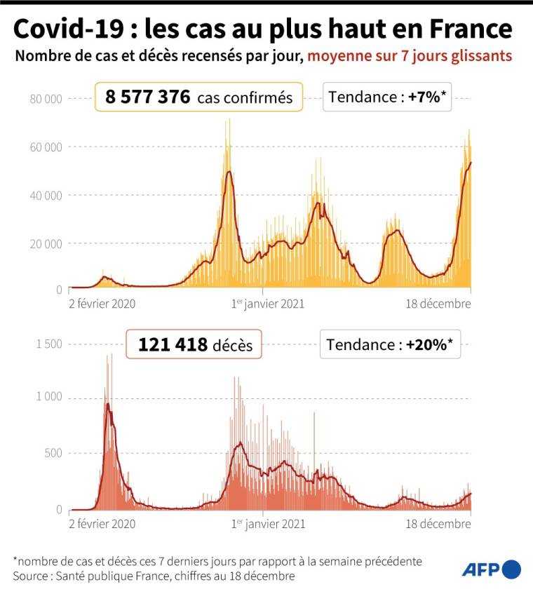 Cas de Covid-19 et décès quotidiens liés au Covid-19 officiellement recensés en France au 18 décembre ( AFP /  )