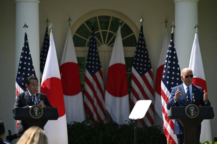 Le président Joe Biden et le Premier ministre japonais Fumio Kishida à la Maison Blanche à Washington le 10 avril 2024 ( AFP / ANDREW CABALLERO-REYNOLDS )