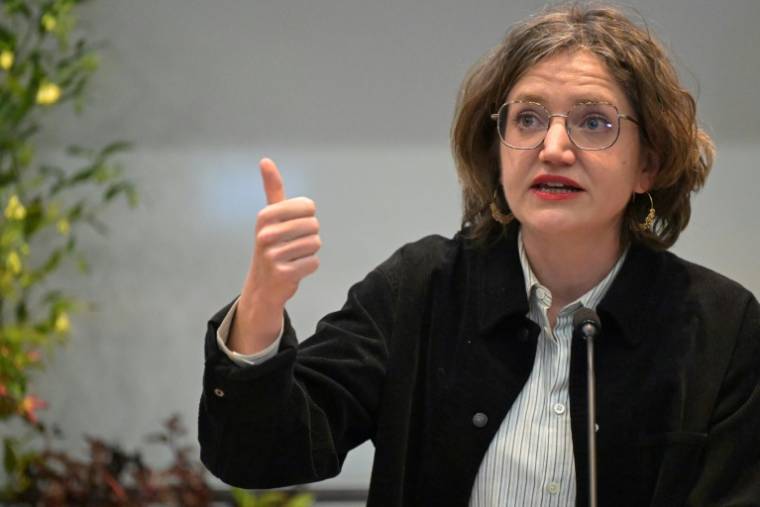 Marie Toussaint, tête de liste des Ecologistes aux européennes, lors d'un débat à Angers, le 16 avril 2024 ( AFP / DAMIEN MEYER )