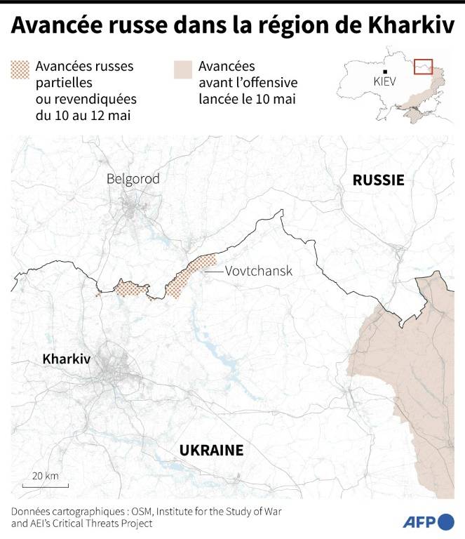 Carte du Nord-Est de l'Ukraine localisant le front dans la région de Kharkiv et les avancées russes du 10 au 12 mai ( AFP / Hervé BOUILLY )