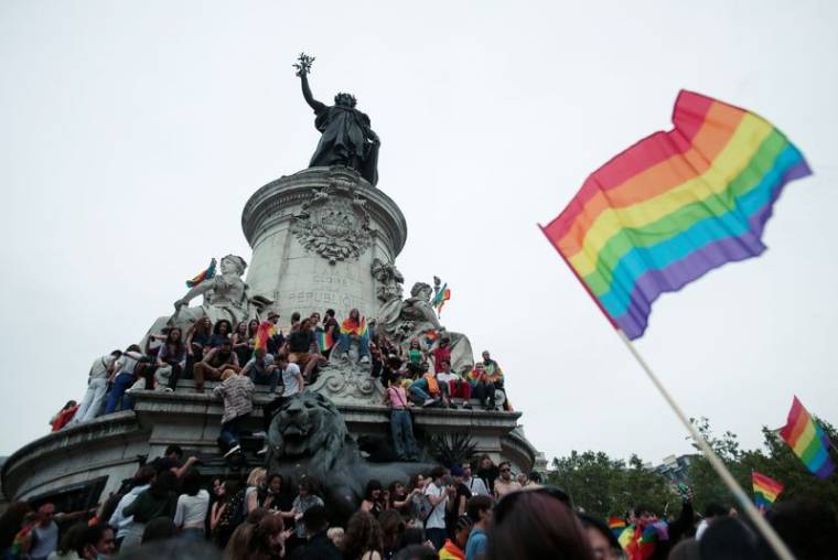 Des manifestants portant des drapeaux arc-en-ciel et des pancartes ors d'une marche des fiertés LGBTQ à Paris
