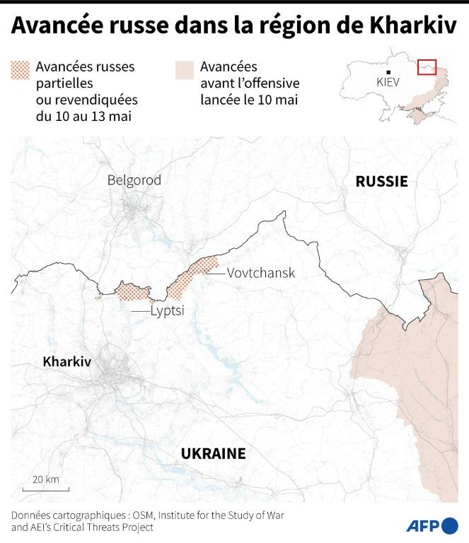 Carte du Nord-Est de l'Ukraine localisant le front dans la région de Kharkiv et les avancées russes du 10 au 13 mai ( AFP / Hervé BOUILLY )