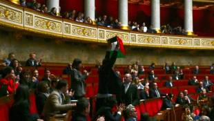 Le député LFI Sébastien Delogu brandit un drapeau palestinien dans l'hémicycle de l'Assemblée nationale, le 28 mai 2024 à Paris ( AFP / Miguel MEDINA )