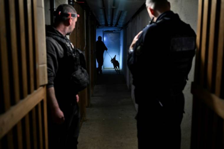 Des policiers de la brigade canine  inspectent le sous-sol d'un immeuble, dans le cadre de "l'opération de nettoyage XXL" lancée simultanément dans plusieurs villes de France pour lutter contre le trafic de drogue, le 25 mars 2024 à Chenove, en Côte d'Or ( AFP / ARNAUD FINISTRE )