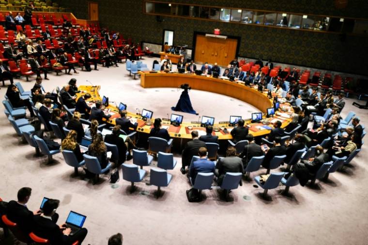Le Conseil de sécurité de l'ONU tient une réunion d'urgence sur le risque de famine et d'attaques contre les travailleurs humanitaires à Gaza, le 5 avril 2024 à New York ( AFP / Charly TRIBALLEAU )