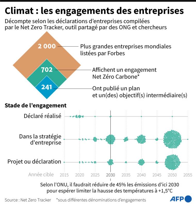 Graphiques montrant les niveaux d'engagements des 2 000 plus grandes entreprises mondiales en faveur de trajectoires zéro carbone ( AFP /  )