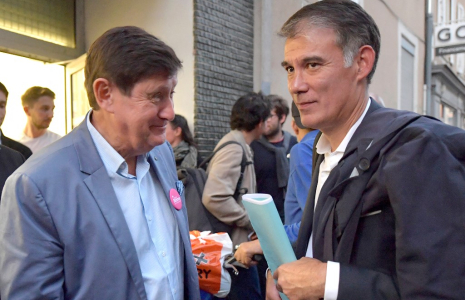 Olivier Faure et Patrick Kanner, à Rennes, le 18 septembre 2022. ( AFP / JEAN-FRANCOIS MONIER )