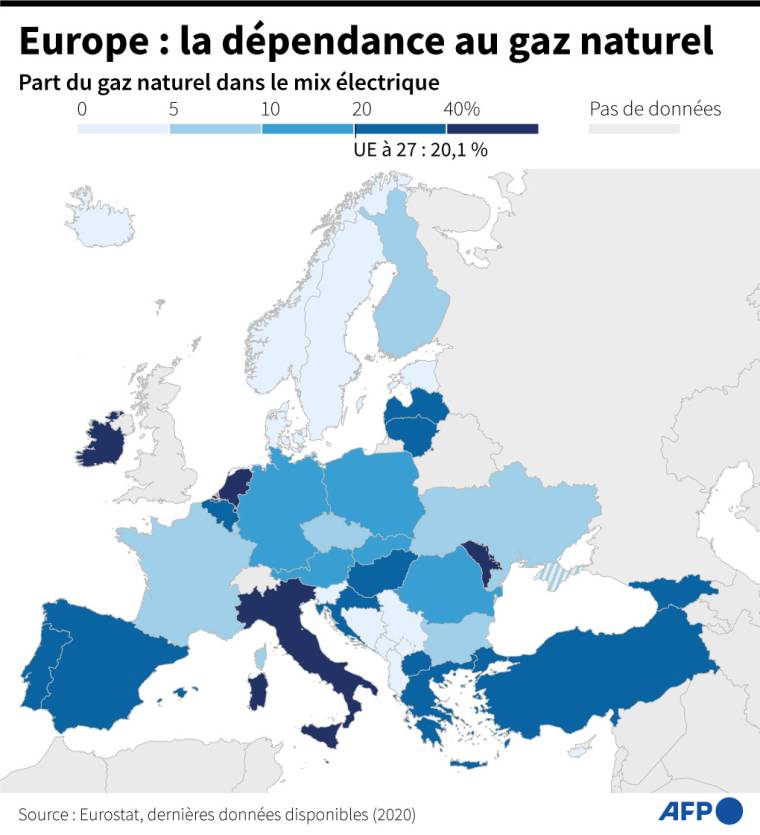 Carte d'Europe représentant la part du gaz naturel dans le mix énergétique de chaque État en 2020 ( AFP /  )