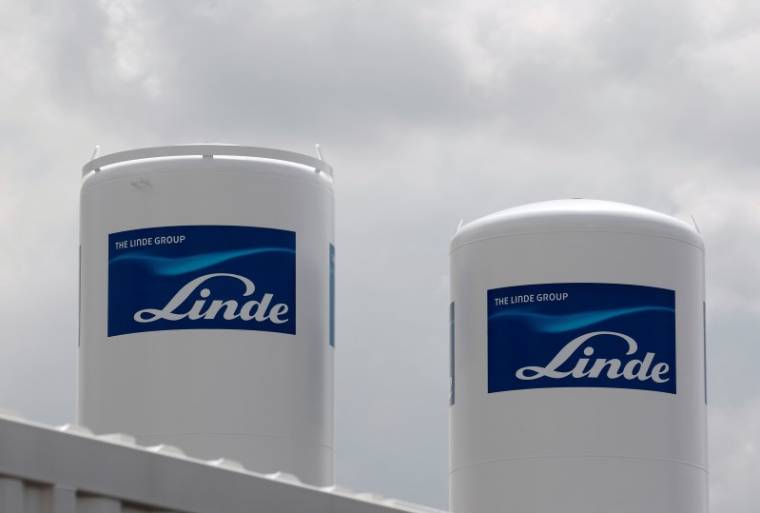 The logos of German industrial gases maker Linde are pictured at a factory in Vienna
