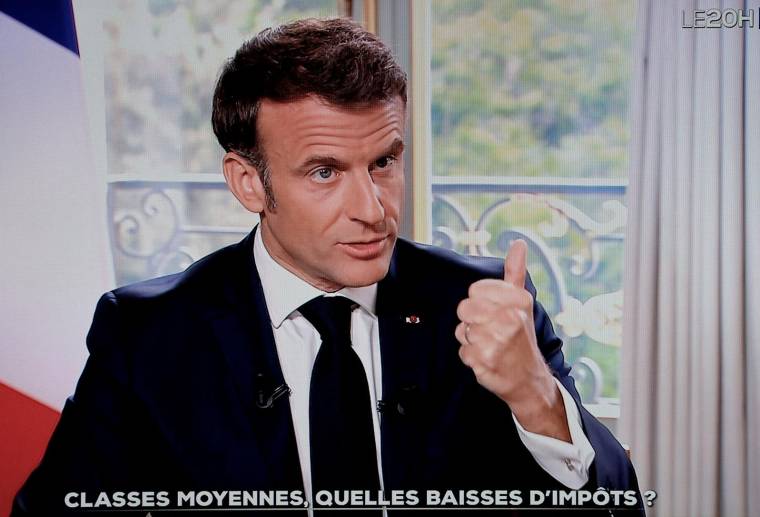 Emmanuel Macron, le 15 mai 2023, à l'antenne de TF1 ( AFP / LUDOVIC MARIN )