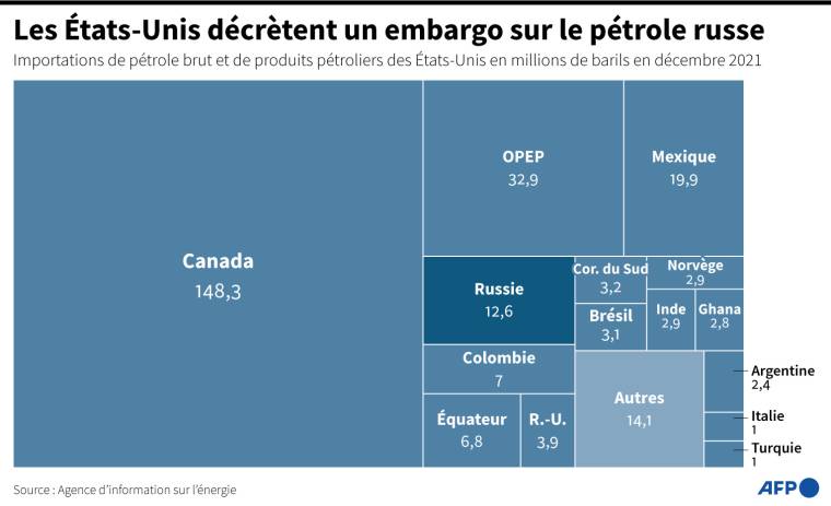 Les importations des Etats-Unis en pétrole brut et en produits pétroliers en millions de barils en décembre 2021, par origine ( AFP /  )