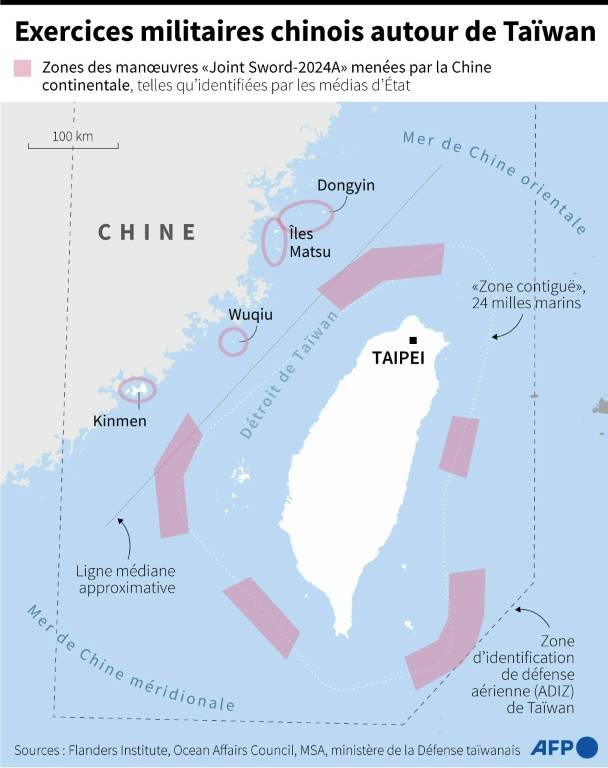 Carte de Taïwan montrant les zones identifiées d'exercices militaires chinois autour de l'île, selon les médias de Chine continentale ( AFP / Nicholas SHEARMAN )
