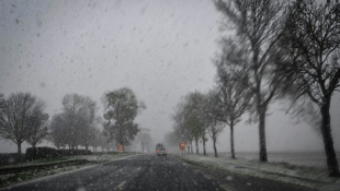 La neige tombe alors que des véhicules circulent sur une route près de Caen, dans le nord-ouest de la France, le 21 novembre 2024 ( AFP / LOU BENOIST )