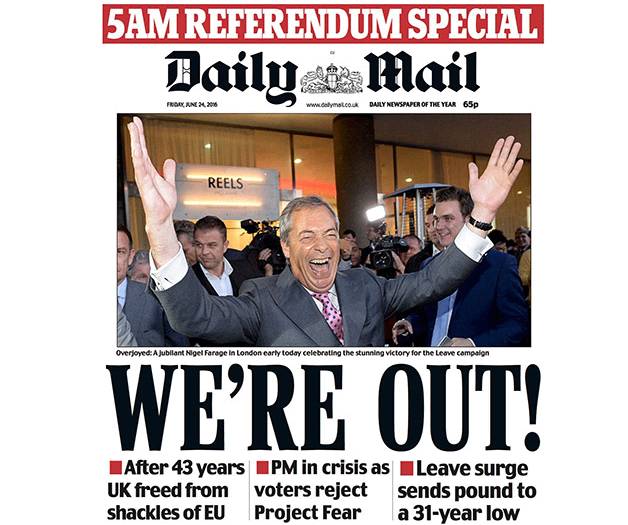 Le Daily Mail met en valeur Nigel Farage, leader du parti eurosceptique UKIP, et choisit le même titre que le Daily Mirror.