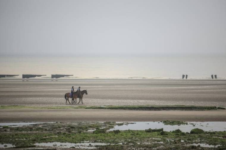 Des gardes républicains à cheval patrouillent à la recherche de matériel dissimulé par des passeurs en amont des départs de migrants ( AFP / Sameer Al-DOUMY )