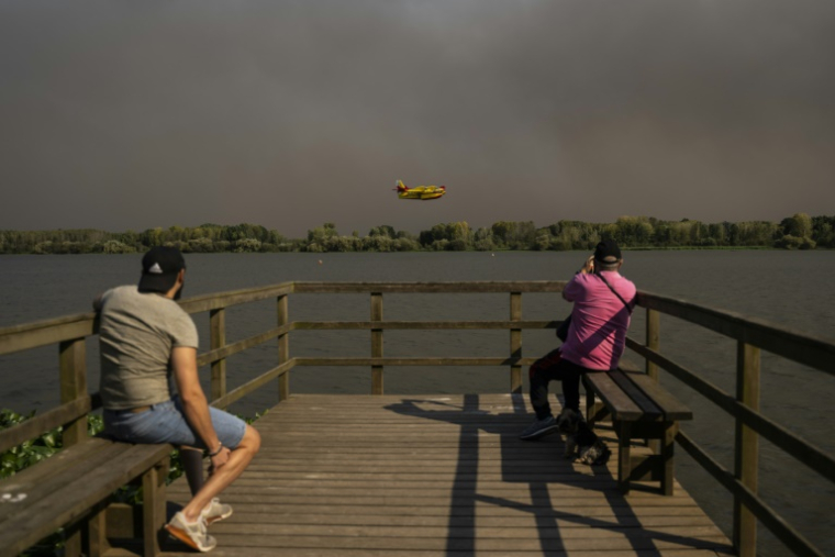 Un Canadair espagnol lors d'un feu de forêt à Pateira de Fermentelos, dans la région d'Aveiro, au Portugal, le 17 septembre 2024 ( AFP / Patricia DE MELO MOREIRA )