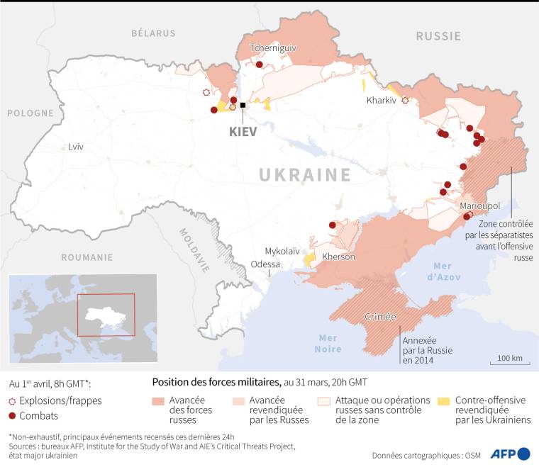 Carte de la situation en Ukraine au 1er avril à 8h GMT ( AFP /  )