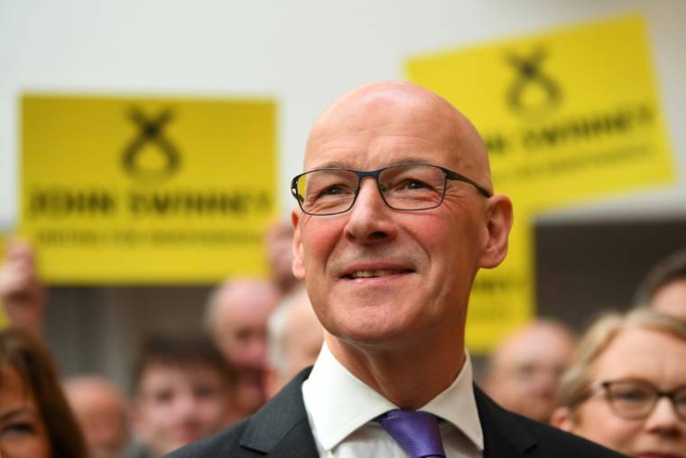 John Swinney, membre du Parti national écossais (SNP), candidat à la direction du SNP et au poste de premier ministre d'Écosse, le 2 mai 2024 à Edimbourg ( AFP / ANDY BUCHANAN )