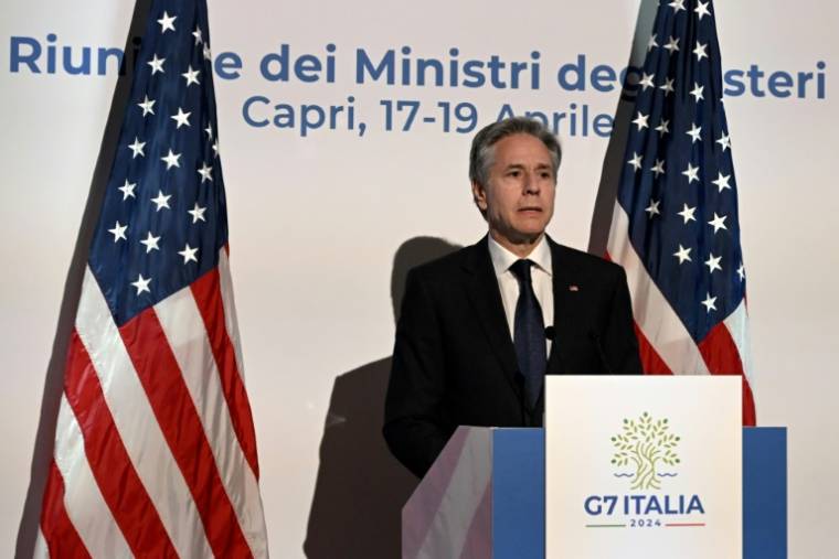 Le secrétaire d'Etat américain Antony Blinken lors d'une conférence de presse à l'issue d'une réunion du G7 à Capri, le 19 avril 2024 en Italie ( AFP / Tiziana FABI )