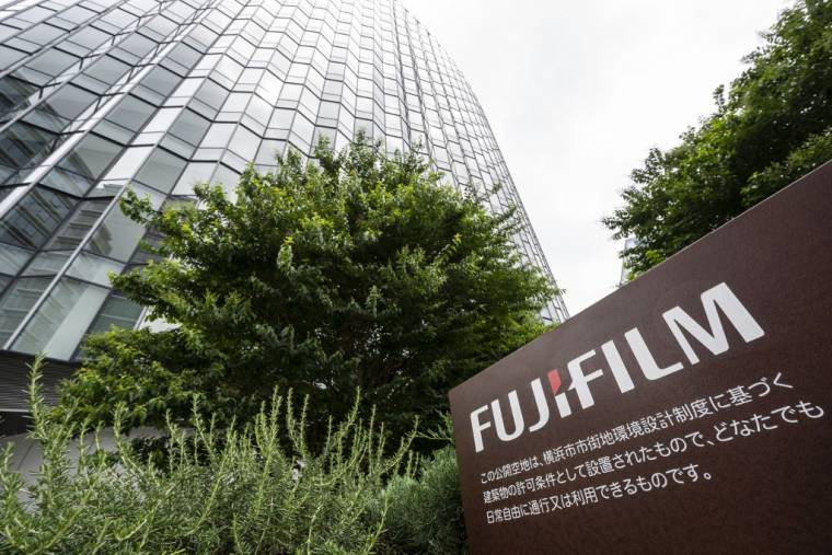 Signage for Japanese technology giant Fujifilm is pictured outside one of their offices for Fujifilm Business Innovation Co. in Yokohama, Kanagawa prefecture, south of Tokyo on June 27, 2023. (Photo by Richard A. Brooks / AFP) ( AFP / RICHARD A. BROOKS )