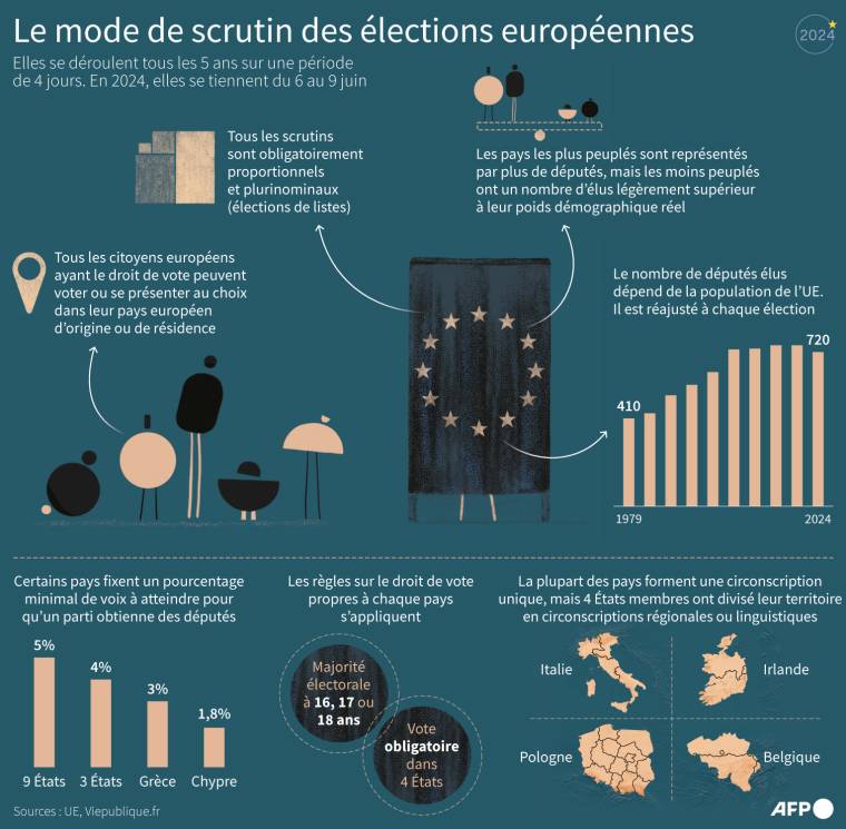 Caractéristiques du mode de scrutin des élections européennes, du 6 au 9 juin 2024. (  / JULIE PEREIRA, HERVÉ BOUILLY / AFP )