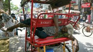 Un homme dort sur son rickshaw pendant la canicule dans une rue de New Delhi, en Inde, le 31 mai 2024 ( AFP / Arun SANKAR )