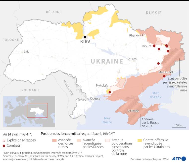 Carte de la situation en Ukraine au 14 avril à 7h00 GMT ( AFP /  )