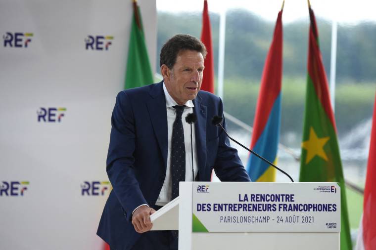 Le président du Medef Geoffroy Roux de Bézieux en ouverture de la Rencontre des entrepreneurs de France, le 24 août 2021. ( AFP / ERIC PIERMONT )