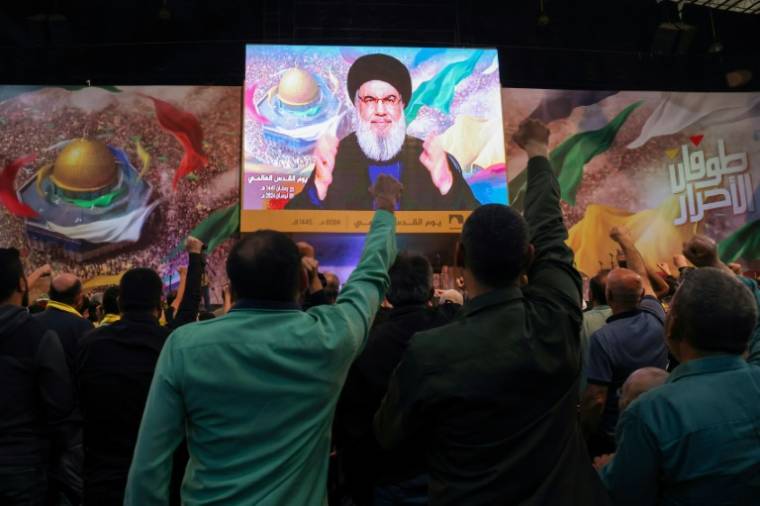 Le discours télévisé du chef du Hezbollah, Hassan Nasrallah, à l'occasion de la jour annuelle d'Al-Qods, le 5 avril 2024 dans la banlieue de Beyrouth ( AFP / ANWAR AMRO )
