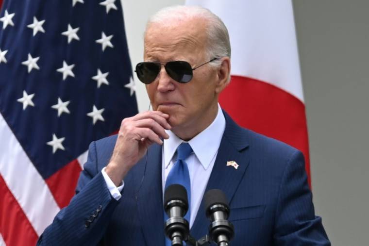 Le président américain Joe Biden, pendant une conférence de presse commune avec le Premier ministre japonais Fumio Kishida, le 10 avril 2024 dans la roseraie de la Maison Blanche ( AFP / ANDREW CABALLERO-REYNOLDS )